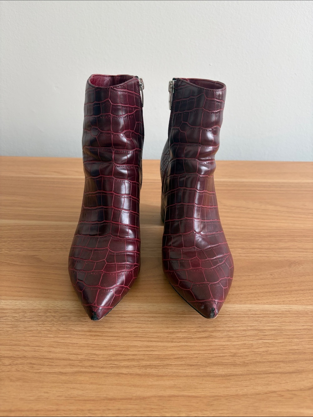Marc Fisher Croc-Embossed Pointed Ankle Boots in Burgundy